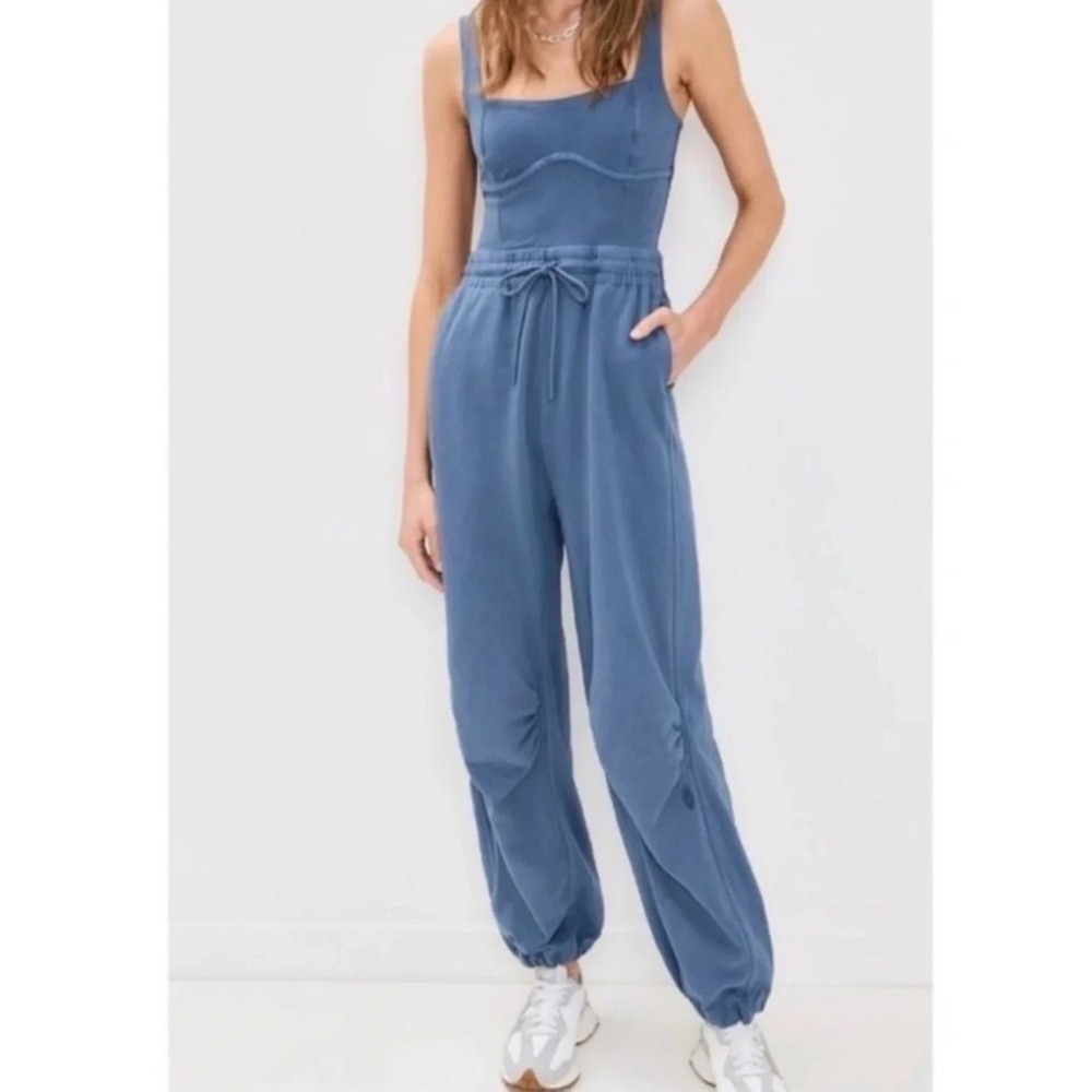 Free People Movement Inbound Jumpsuit Size Small Misty Blue Stretch Pockets
